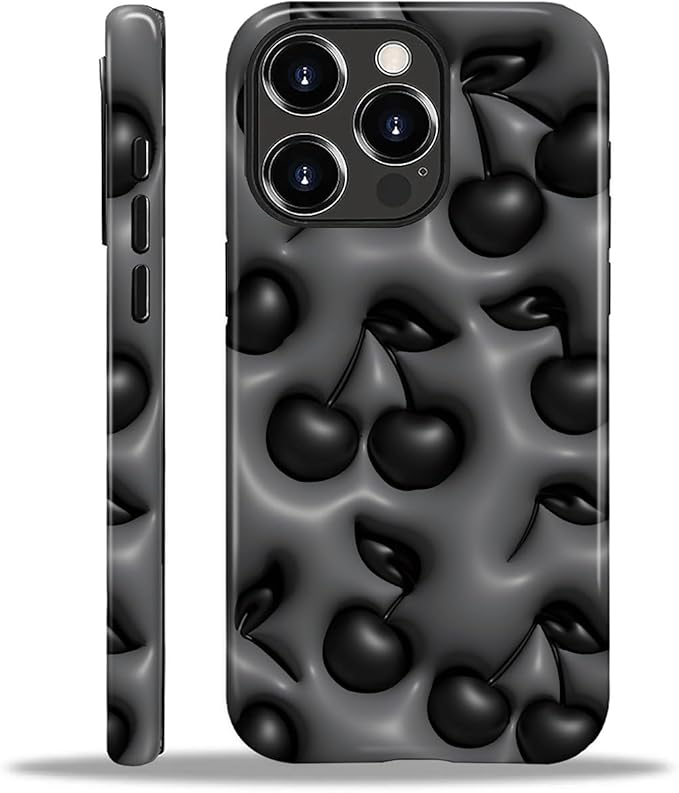 for iPhone 16 Pro Case,HL2 Cute Cool Cherry Black Hybrid 2 Layer Hard Shell Silicone Protective Pattern Design Case