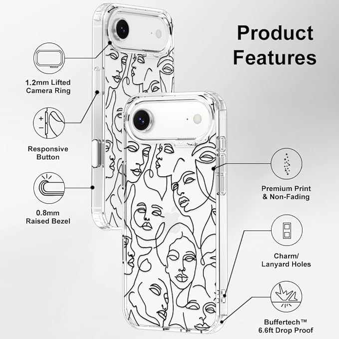 MOSNOVO for iPhone Air Case | Military Grade 6.6ft Drop Tested | Camera Control | Clear with Abstract Face Line Art Design