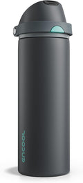 Insulated Water Bottle with Straw - Encool Stainless Steel Water Bottle with Push Button Lid, Leak-Proof & BPA-Free, Keeps Cold for 24 Hours for Sports, Travel, Gym (24 oz, Tuna Grey-Green)