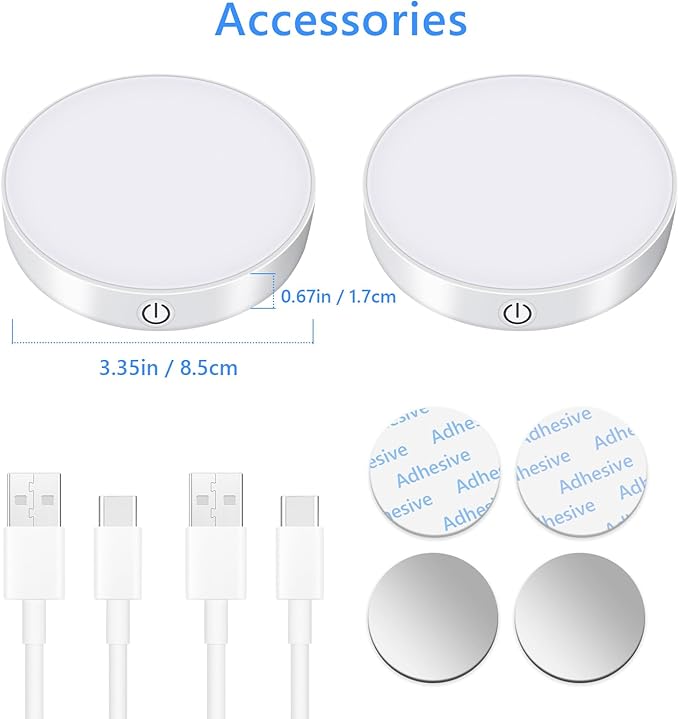 Ferswe Dimmable Touch Lights, 3000K Rechargeable Tap Light with 1000mAh Large Battery, Stick on Lights for Closet, Cabinet, Shelf, Wall and Desk(2 Pack)