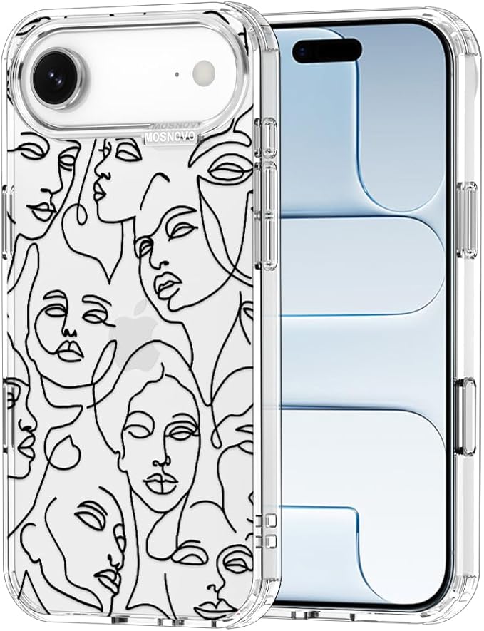 MOSNOVO for iPhone Air Case | Military Grade 6.6ft Drop Tested | Camera Control | Clear with Abstract Face Line Art Design