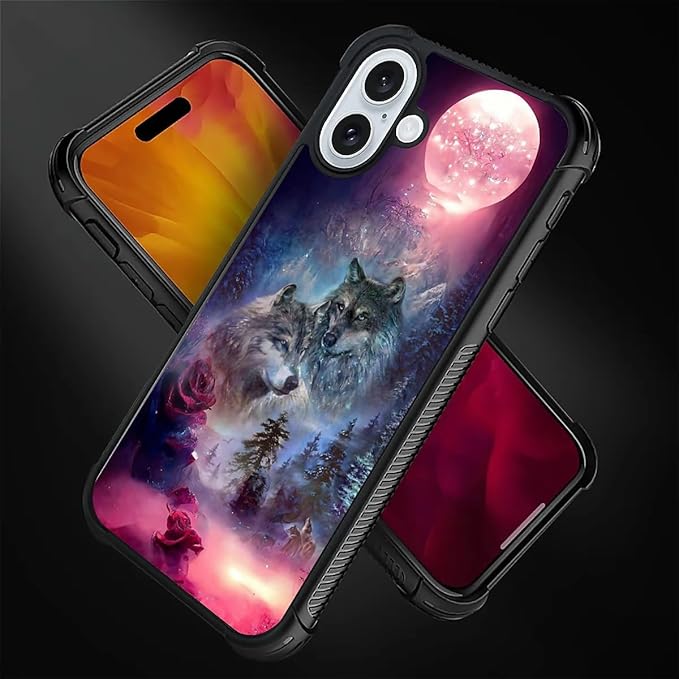 for iPhone 16 Plus Case, Star Two Wolfs Howling Pattern Graphic Design Girl Boy Soft Silicone Hard Acrylic Shock Protection for iPhone 16 Plus