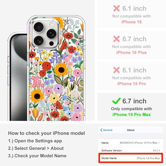 MOSNOVO Case for iPhone 15 Pro Max, [Buffertech 6.6ft Military-Grade Drop Protection] [Anti Peel Off Tech] Clear TPU Bumper Phone Case Cover Design - Blossom & Bloom