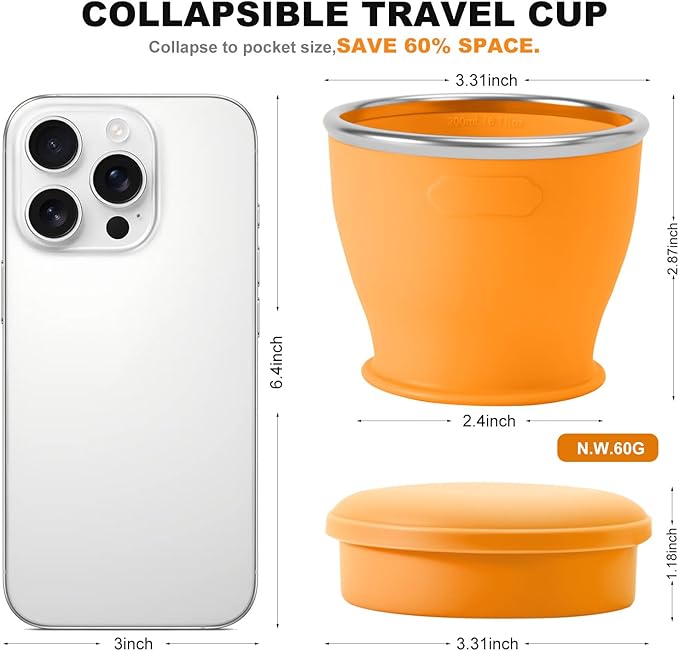Collapsible Travel Cup, BPA-Free Reusable Water Cup, Lightweight Drinking Cups with Lids and Carrying Strap, Dishwasher Safe Silicone Cups for Camping, Travel, Airports, Hotel (6.7oz, Orange)