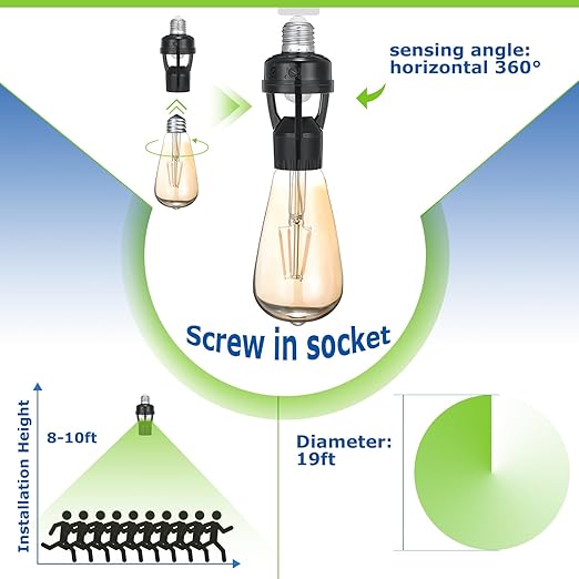 Hortsun 3 Pcs Motion Sensor Light Socket Smart Screw in Light Bulb Outlet Compatible with E26/e27 Automatic on Off Night Light Control for Basement Basement Porch Storage Room, Black
