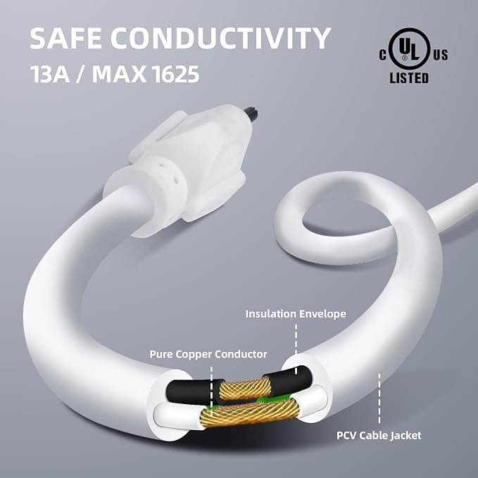 EP 50 Ft Outdoor Extension Cord - 16/3 SJTW White Electrical Cable with 3 Prong Grounded Plug, UL Listed