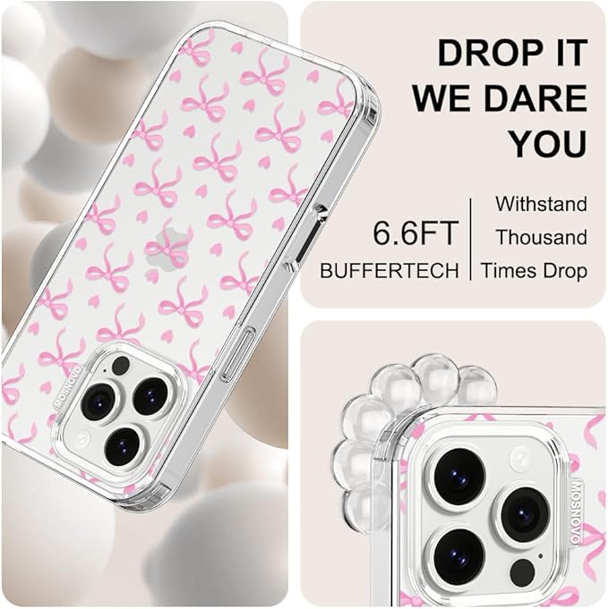 MOSNOVO Case for iPhone 16 Pro Max, [Buffertech 6.6ft Military-Grade Drop Protection] [Anti Peel Off Tech] Clear TPU Bumper Phone Case Cover Design - Bowtiful Love