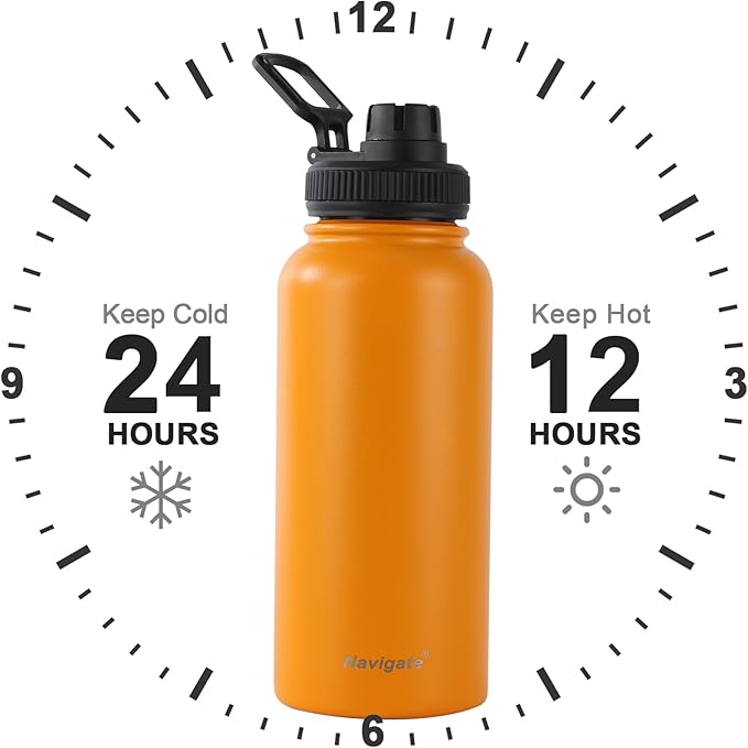 Navigate 32 oz Insulated Stainless Steel Sports Water Bottle with Spout & Handle Lids,Wide Mouth Water Jug with Double Walled Leak Proof Keep Cold for 24 Hrs Hot for 12 Hrs, Orange