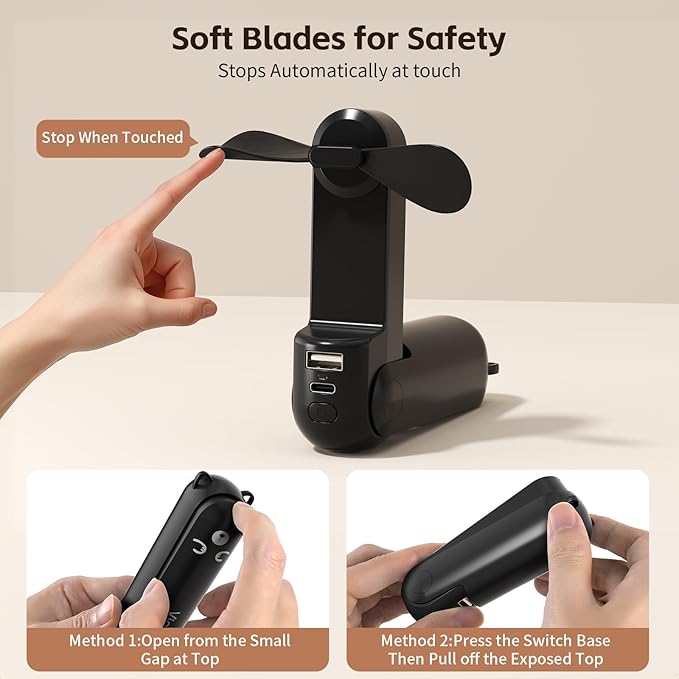 Mini Handheld Fan,USB Rechargeable 3 IN 1 Personal Cooler Fans with Power Bank,LED Flashlight,Small Foldable Portable Pocket Fan-Travel & Emergency Essentials for Outdoor Black