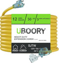Outdoor Extension Cord Waterproof 50 FT, Yellow 12/3 SJTW Heavy Duty, Flexible 100% Copper 3 Prong Extension Cord for Lawn, Garage,UL Listed