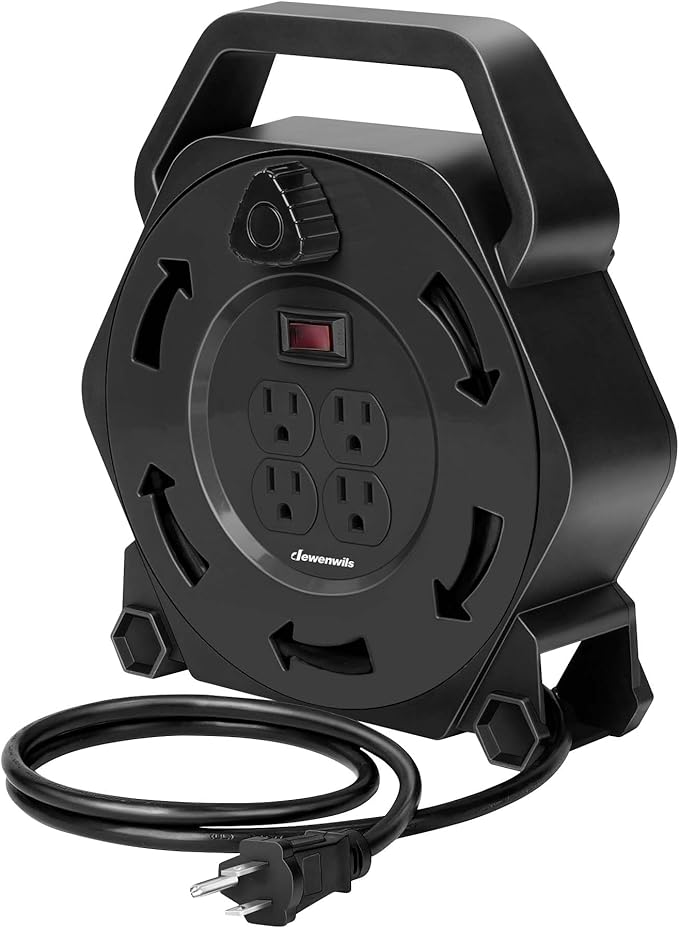 DEWENWILS Extension Cord Reel with 25 FT Power Cord, Hand Wind Retractable, 16/3 AWG SJTW, 4 Grounded Outlets, 13 Amp Circuit Breaker, Black, UL Listed