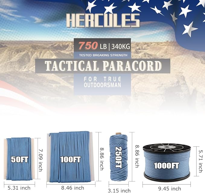 HERCULES 750lb Paracord 4mm 11 Strands Tactical Parachute Cord, 50' 100' 250' 1000' Utility Rope for Camping, Survival, Outdoor Gear (Blue Grey, 1000FT)