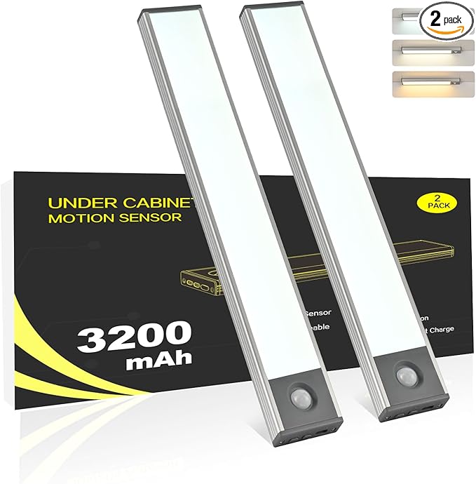 Under Cabinet Lighting, 3200mAh Motion Sensor Light Indoor, 3 Color Temp, Rechargeable Battery Operated LED Closet Lights, Wireless Under Counter Lights for Kitchen Stair (8 Inch, 2 Pack)