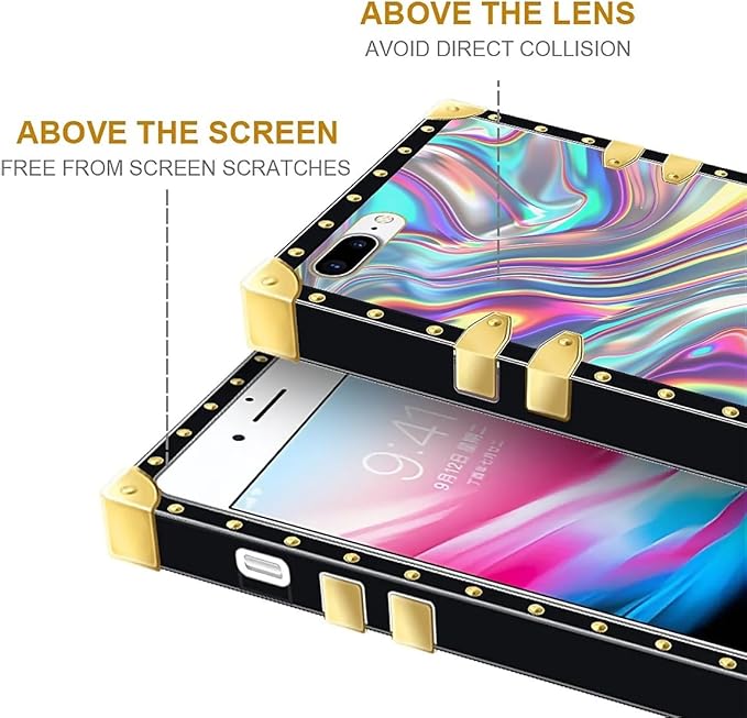 Compatible with iPhone 8 7 SE Case, Holographic Abstract Iridescent Textures Luxury Golden Decoration for Girl Women Soft TPU Shockproof Protective Hard PC Back for iPhone 8 7 SE