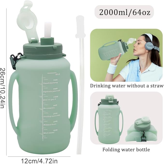 64oz Foldable Silicone Water Bottle with Straw, BPA-Free Motivational Time Marker, Leakproof Collapsible Water Jug with Handle for Gym, Sports, Camping & Outdoor Activities (Green)