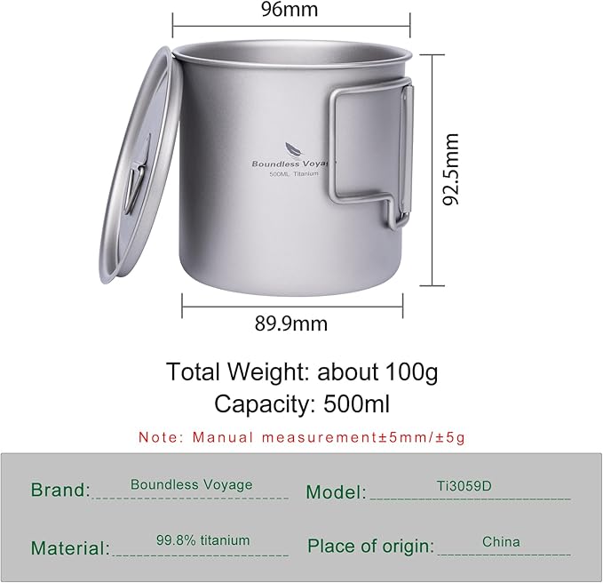 iBasingo 500ml Titanium Cup with Lid Foldable Handle Single-walled Camping Mug Lightweight Portable for Outdoor Drinking Drinkware US-Ti3059D