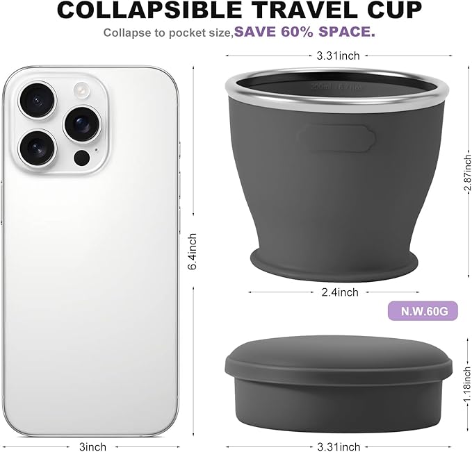 Collapsible Travel Cup, BPA-Free Reusable Water Cup, Lightweight Drinking Cups with Lids and Carrying Strap, Dishwasher Safe Silicone Cups for Camping, Travel, Airports, Hotel (6.7oz, Black)