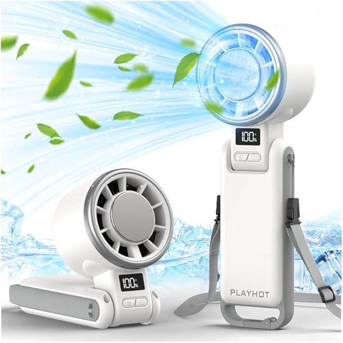 PlayHot Upgraded Portable Handheld Fan with 60°F Ice Cooling, Up tp 12Hrs Personal Fans Portable Rechargeable, 5 Speed 25550RPM Powerful Portables Fan Handheld, Hand/Neck/Desk Fan 3 IN 1(White)