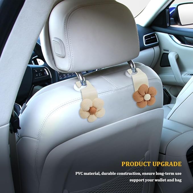 4PCS Car Hooks for Purses and Bags, Flower Car Headrest Hook, Car Purse Hook Hanger, Car Accessories Multipurpose Back Seat Hanger Storage Organize Universal for Most Cars (4PCS-White Flower)