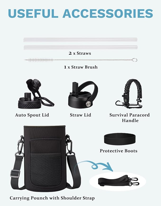 BENZZO 64 oz Water Bottle Insulated - Keep Cold 48H & Hot 24H, Half Gallon Water Jug with Paracord Handle, Straw Spout Lids, Stainless Steel Flask Canteen, Large Water Bottle for Women Men Work Sport