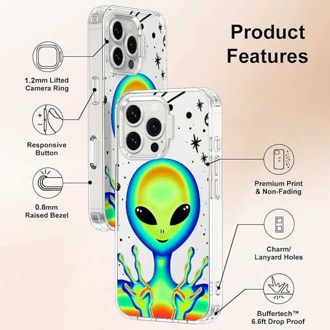 MOSNOVO Case for iPhone 16 Pro Max, [Buffertech 6.6ft Military-Grade Drop Protection] [Anti Peel Off Tech] Clear TPU Bumper Phone Case Cover Design - Alien Piece