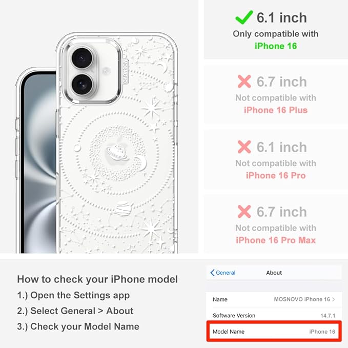 MOSNOVO Case for iPhone 16, [Buffertech 6.6ft Military-Grade Drop Protection] [Anti Peel Off Tech] Clear TPU Bumper Phone Case Cover Design - Galaxy