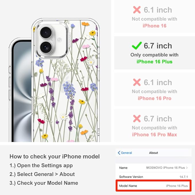 MOSNOVO Case for iPhone 16 Plus, [Buffertech 6.6ft Military-Grade Drop Protection] [Anti Peel Off Tech] Clear TPU Bumper Phone Case Cover Design - Floral Garden