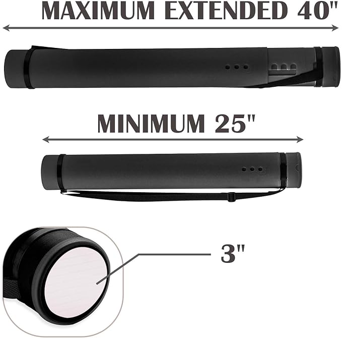 JJRING Black Poster Tube, 25" to 40" Extendable Poster Storage Holder Tube with Carrying Strap, Poster Carrying Case for Blueprints, Scrolls, Maps and Architect Papers