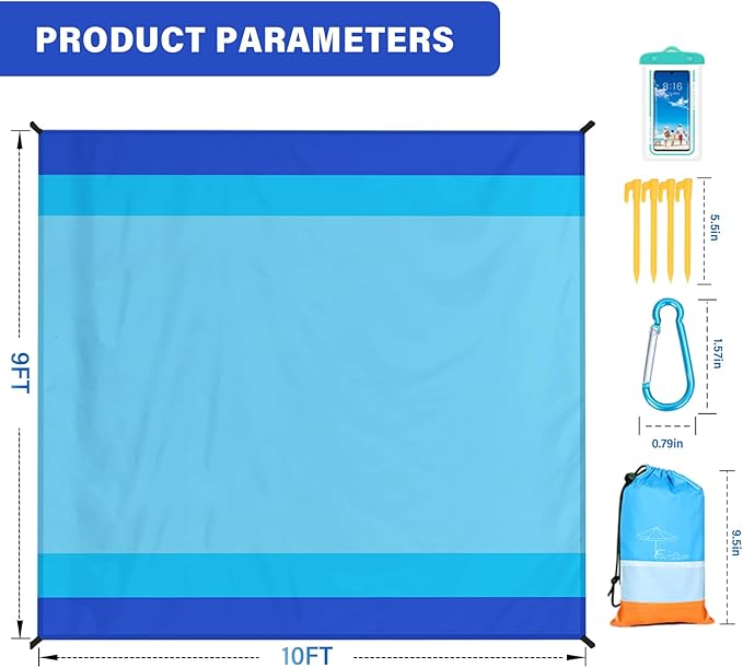Famstar Beach Blanket Oversized Extra Large 10'X 9',Waterproof Sandproof Beach Blanket 2-8 Adults Lightweight Durable for Travel Camping Hiking Picnic (10'X 9', Blue)
