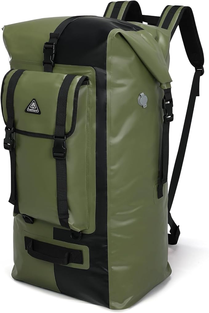 Haimont Waterproof Dry Backpack IPX7 Roll-top Dry Large Marine Dry Bag for Men Kayaking Rafting, 100L, Army Green/Black