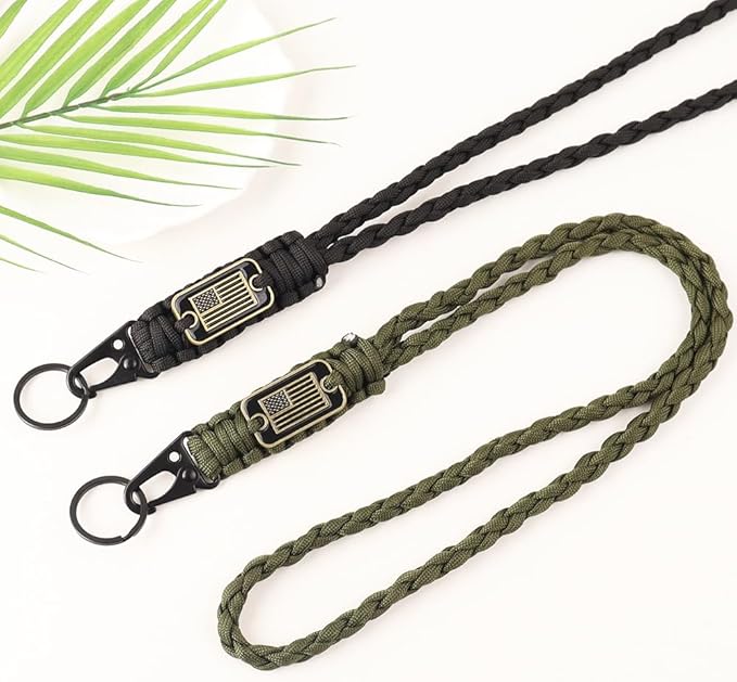 2pcs Heavy Duty Braided Paracord Lanyard Keychains with USA Flag, Parachute Rope Necklace for Outdoor Activities