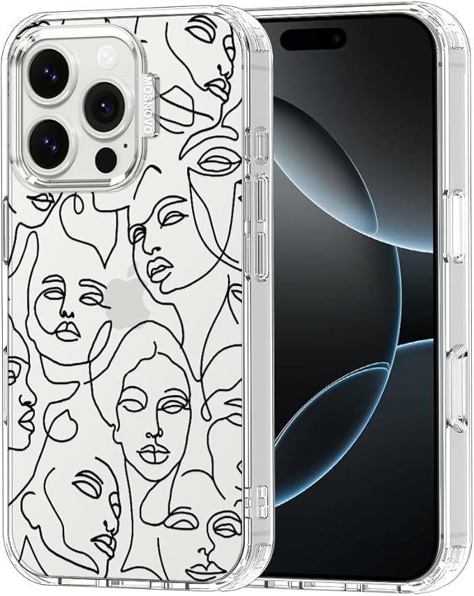 MOSNOVO Case for iPhone 16 Pro, [Buffertech 6.6ft Military-Grade Drop Protection] [Anti Peel Off Tech] Clear TPU Bumper Phone Case Cover Design - Abstract Face Line Art