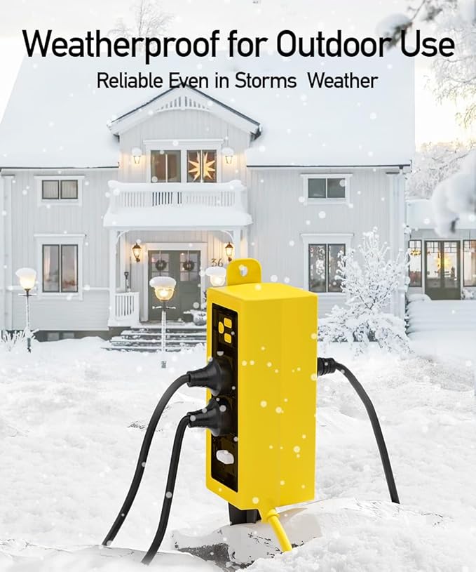 Outdoor Power Strip Weatherproof, ZZJ IP69 Grade Waterproof Surge Protector, 25 FT Outdoor Extension Cord with Stake, 6 AC Outlets,14 AWG Heavy Duty Cord for Outdoor Patio Garden-Yellow