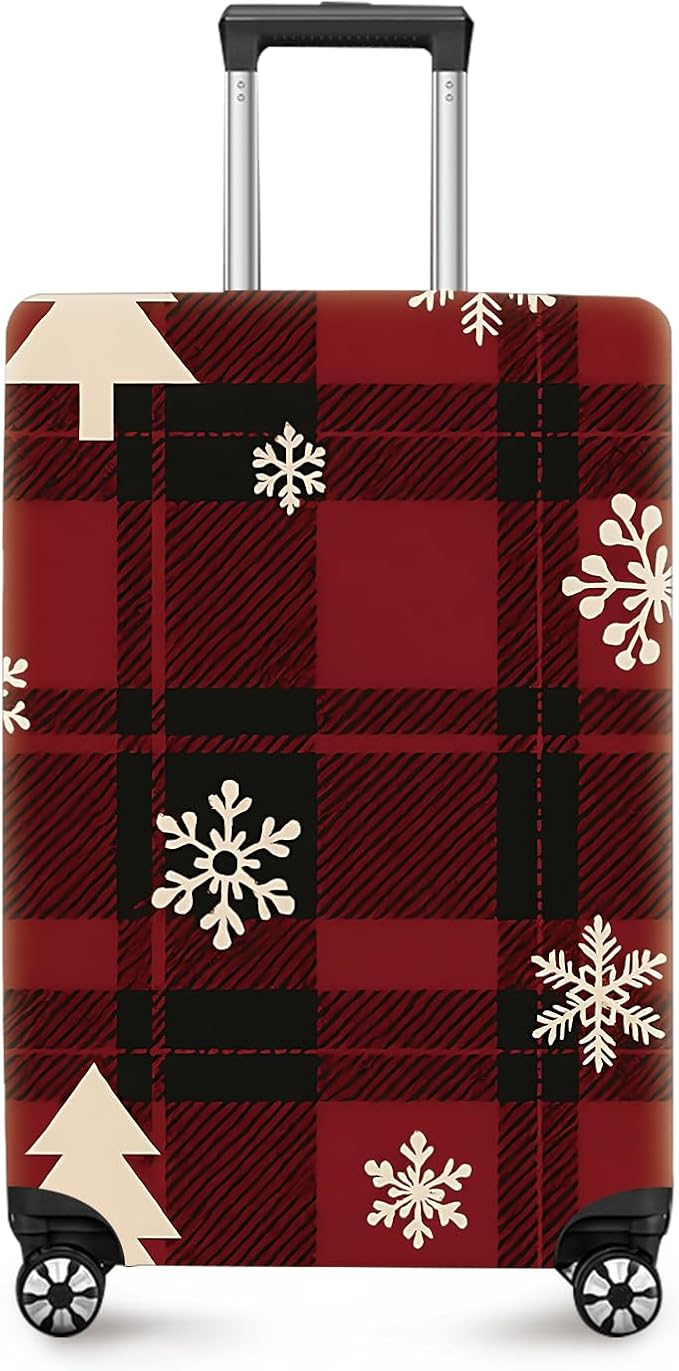 ANNA QUEEN Christmas Plaid Luggage Cover, Red and Black Check Suitcase Protector with Snowflake and Tree Pattern, Stretchable Washable Travel Sleeve for 32-34 Inch Luggage