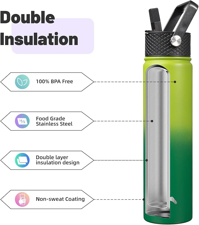 Konokyo Insulated Water Bottle 24oz Stainless Steel Sport Bottles with 3 Lids,Bamboo Grove