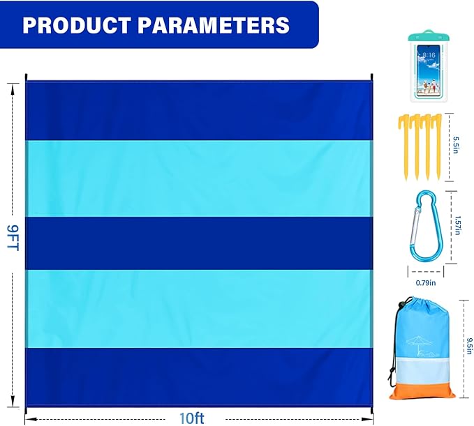 Famstar Beach Blanket Oversized Extra Large 10'X 9',Waterproof Sandproof Beach Blanket 2-8 Adults Lightweight Durable for Travel Camping Hiking Picnic (10'X 9', Blue2)