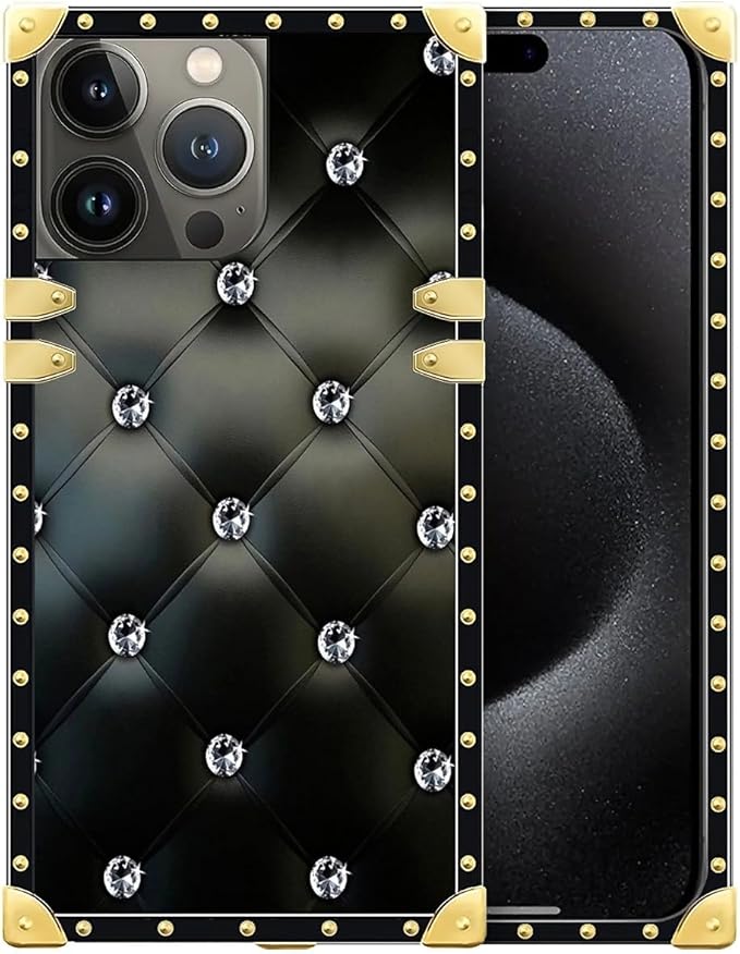 Compatible with iPhone 16 Pro Max Case, Shiny Black Sofa Crystal Luxury Golden Decoration for Girl Women Soft TPU Shockproof Protective Hard PC Back