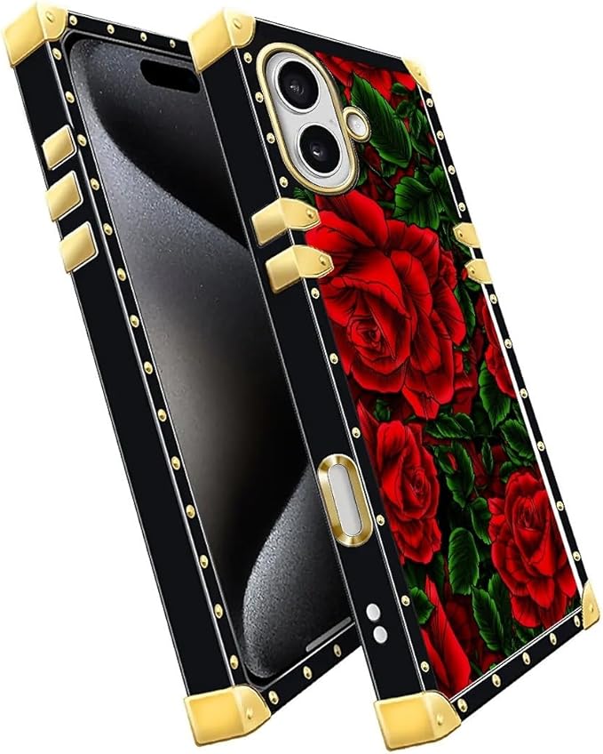 for iPhone 17 Case Luxury Golden Decoration for Girl Women Soft TPU Shockproof Protective Hard PC Back for iPhone 17 Crazy Pattern Vector Red Rose Green Leaf