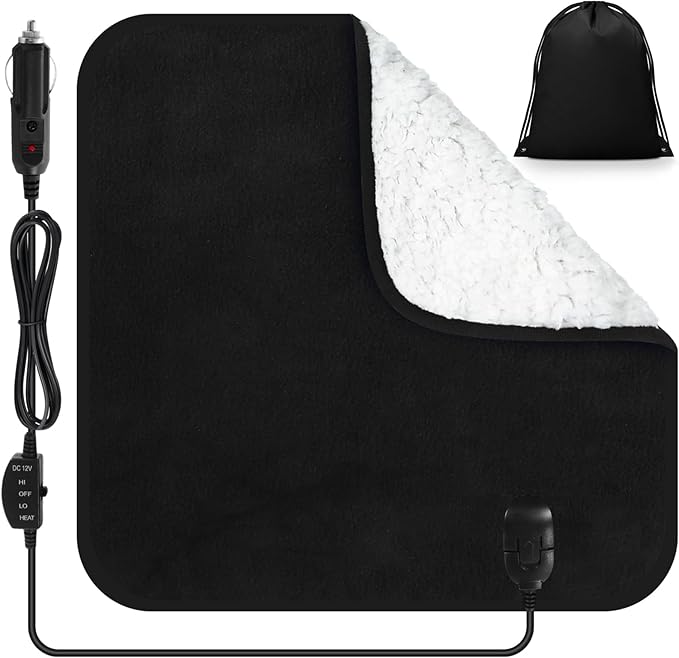 Tuanse 16 x 16 Inches Car Electric Blanket 12 Volt Heated Car Blanket with Temperature Controller and Black Storage Bag Cold Weather Tailgating and Emergency Kit(Black White Cotton,Blank)
