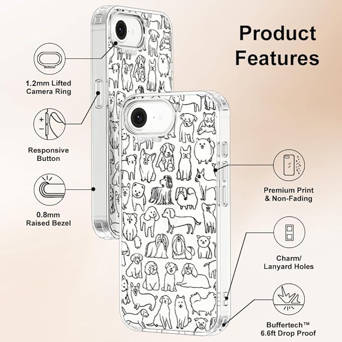 MOSNOVO for iPhone 17e Case/iPhone 16e Case, Shockproof Military-Grade Protection 6.6ft Drop Tested, Clear Phone Case for iPhone 16e / iPhone 17e, Doodle Dog Design