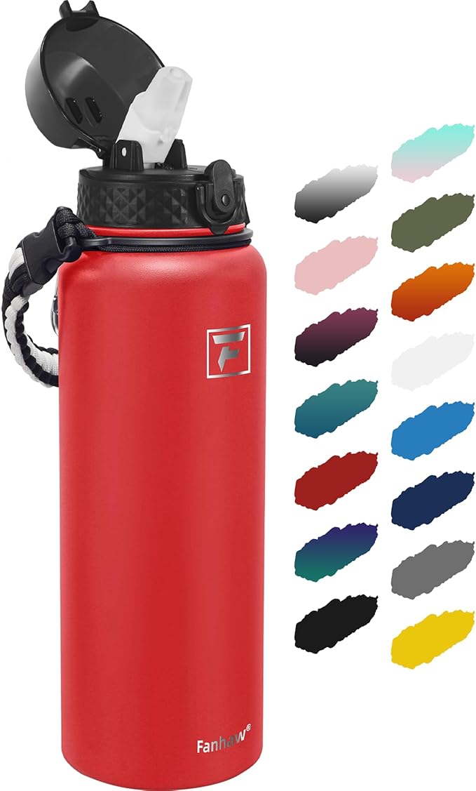 Fanhaw 40 oz Insulated Stainless Steel Water Bottle with Straw Lid, Leakproof Extra-Large Sports Bottle for Men & Women (Red)
