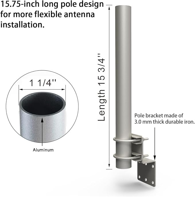 Technical Pole Mount Accessory for Outdoor Antennas (Signal Booster, Yagi, Expansion Kit) & Weather Station – Stronger Structure with Double U-Bolts (Pole OD 1 1/4", 15 3/4" Length)