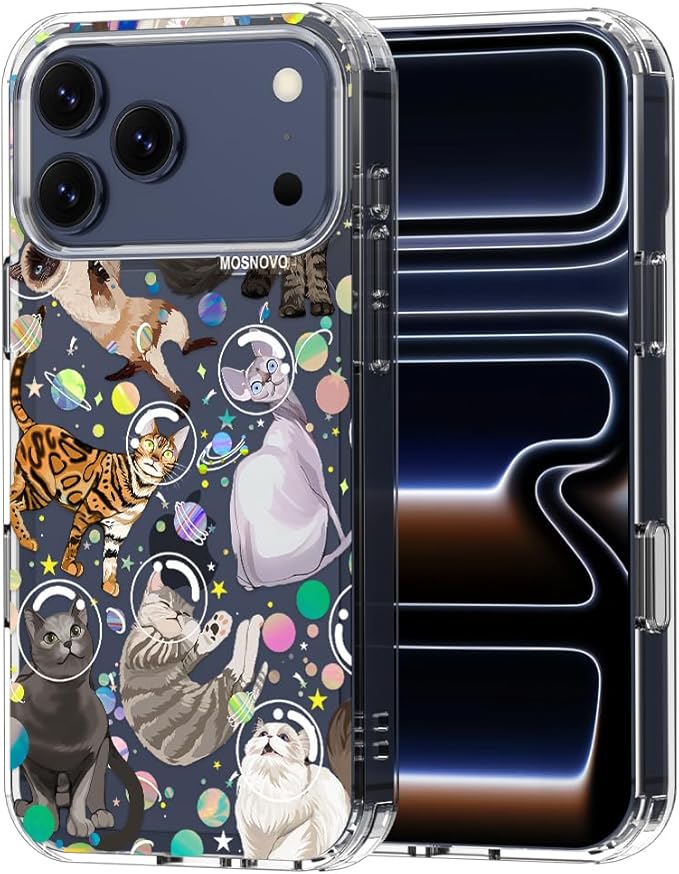 MOSNOVO for iPhone 17 Pro Max Case | Military Grade 6.6ft Drop Tested | Camera Control | Clear with Space Cat Design