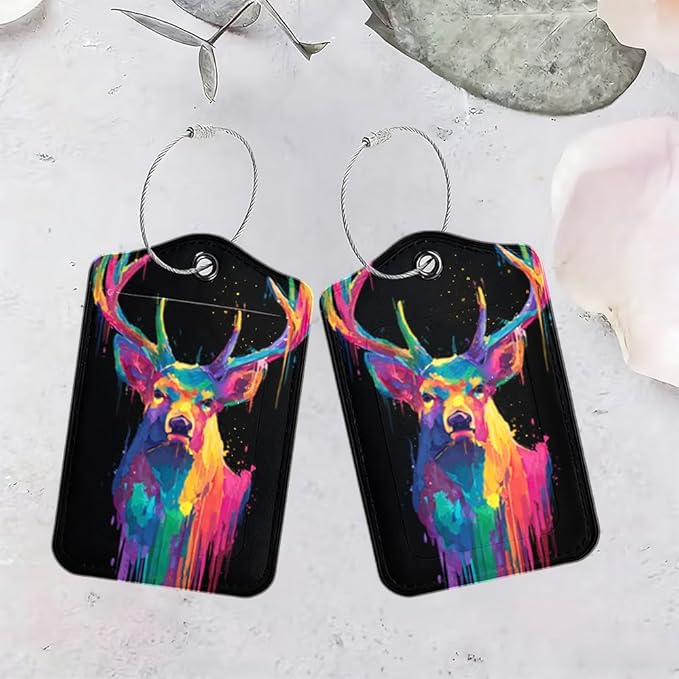 2Pcs Vibrant Deer Luggage Tags for Suitcases, 2.83x4.53 Artistic Animal ID Labels with Privacy Cover, Neon Geometric Bag Tags for Backpacks, Travel Gifts for Men & Women, Set of 2