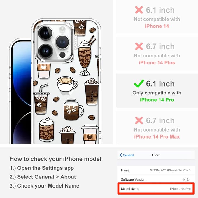 MOSNOVO Case for iPhone 14 Pro, [Buffertech 6.6ft Military-Grade Drop Protection] [Anti Peel Off Tech] Clear TPU Bumper Phone Case Cover Design - Coffee