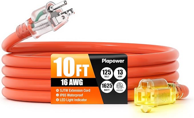 10 FT Outdoor Extension Cord Waterproof, 16/3 Gauge Heavy Duty 3 Prong Power Cord with Lighted Indicator End, 13A 125V 1625W SJTW, ETL Listed, Great for Lawn/Garden/Home(Orange)