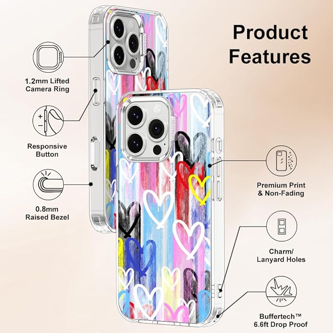 MOSNOVO for iPhone 16 Pro Case, Shockproof Military-Grade Protection 6.6ft Drop Tested, Clear Phone Case for iPhone 16 Pro, Graffiti Hearts Design