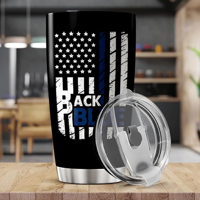 CUBICER Back The Blue American 20 Oz Stainless Steel Tumbler For Police Officers And Law Enforcement Supporters Drink Coffee Tea Heat Hot Cool Mug Travel Bottle Iced