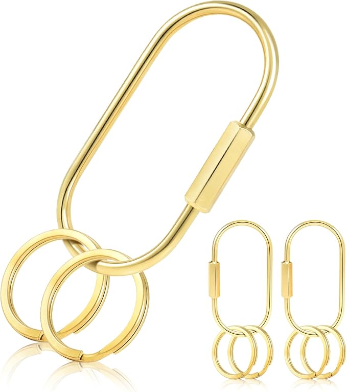 CooBigo 3 Pack Gold Brass Key Ring, Screw Lock Key Organizer with 6 Keyrings, Carabiner Keychain Clip for Car Keys Purse Bag Charms Luggage Tags Accessories