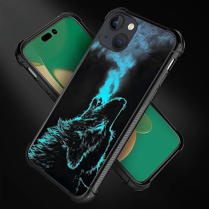 for iPhone 14 Plus Case, Blue Breathing Wolf Pattern Graphic Design Girl Boy Soft Silicone Hard Acrylic Shock Protection for iPhone 14 Plus